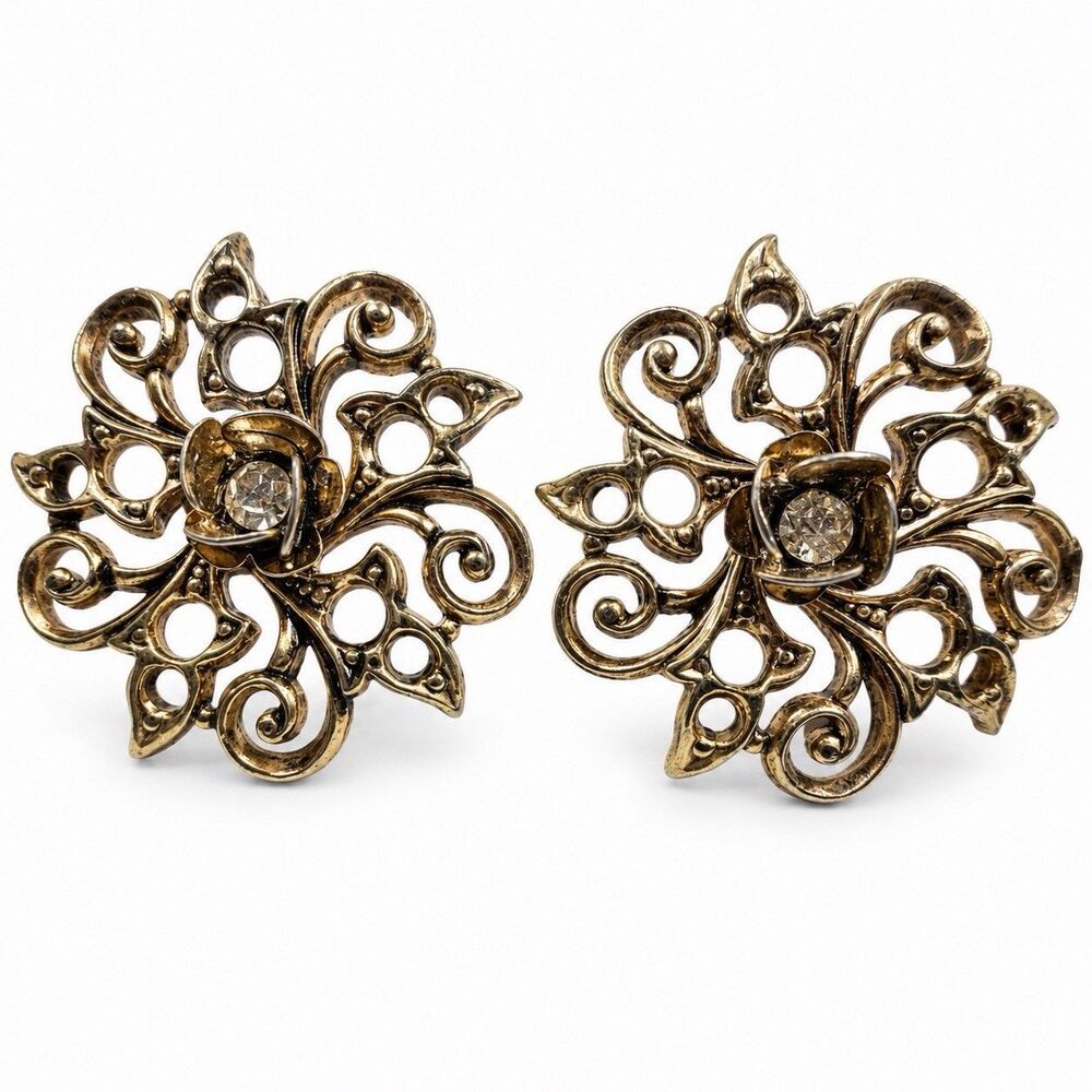 Vintage Gold Tone Filigree Flower Earrings Rhinestone Victorian Revival Pierced